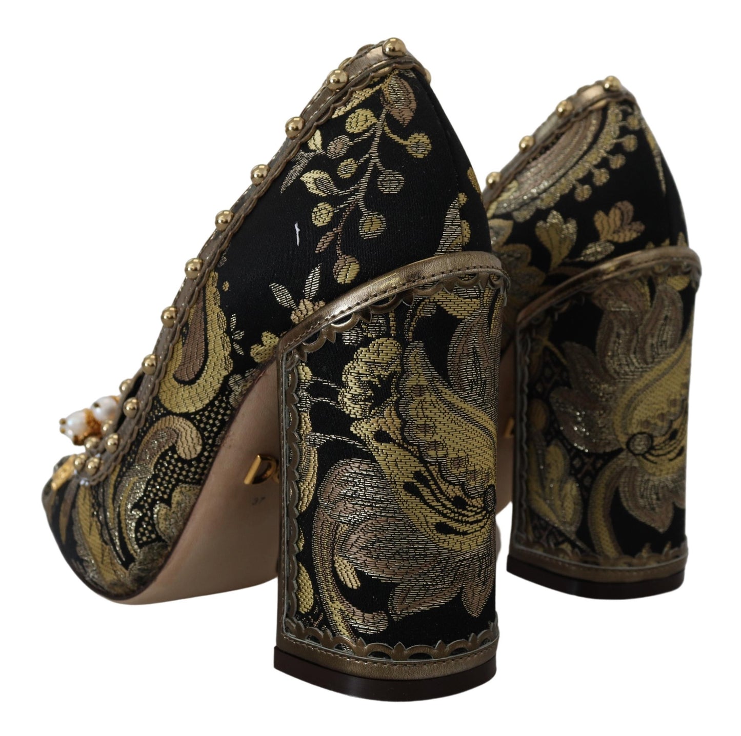 Golden Jacquard Brocade Square Toe Pumps