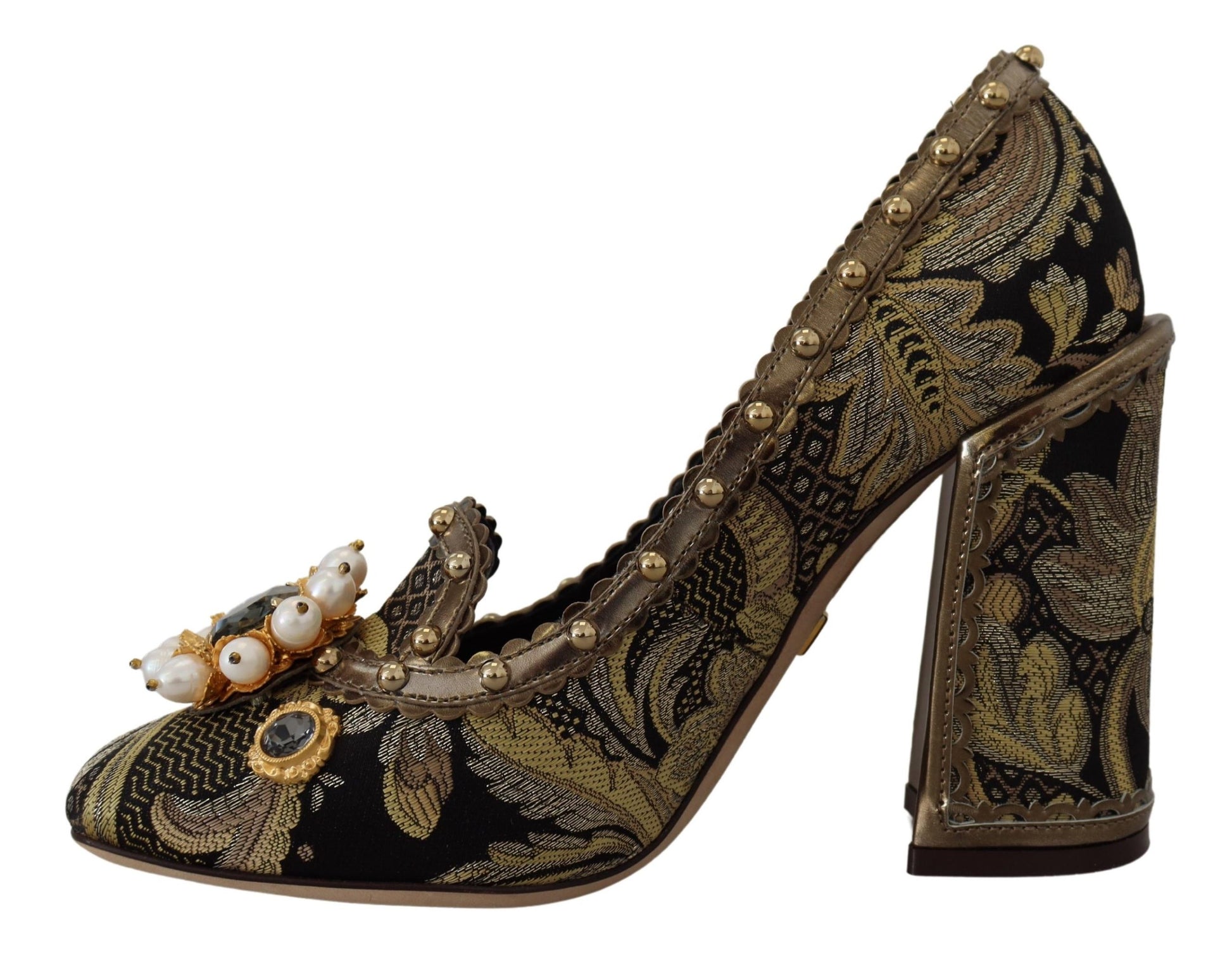 Golden Jacquard Brocade Square Toe Pumps