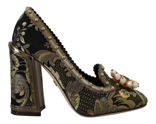 Golden Jacquard Brocade Square Toe Pumps