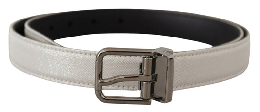 Chic White Leather Belt with Chrome Buckle