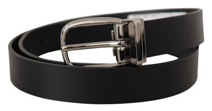 Elegant Black Leather Belt with Silver Tone Buckle