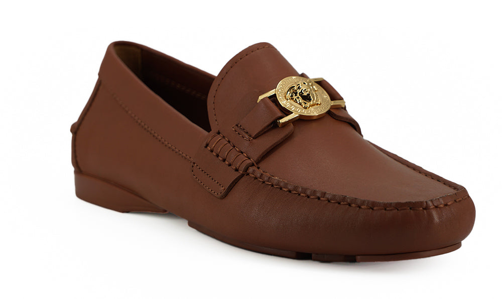 Elegant Medusa-Embossed Leather Loafers