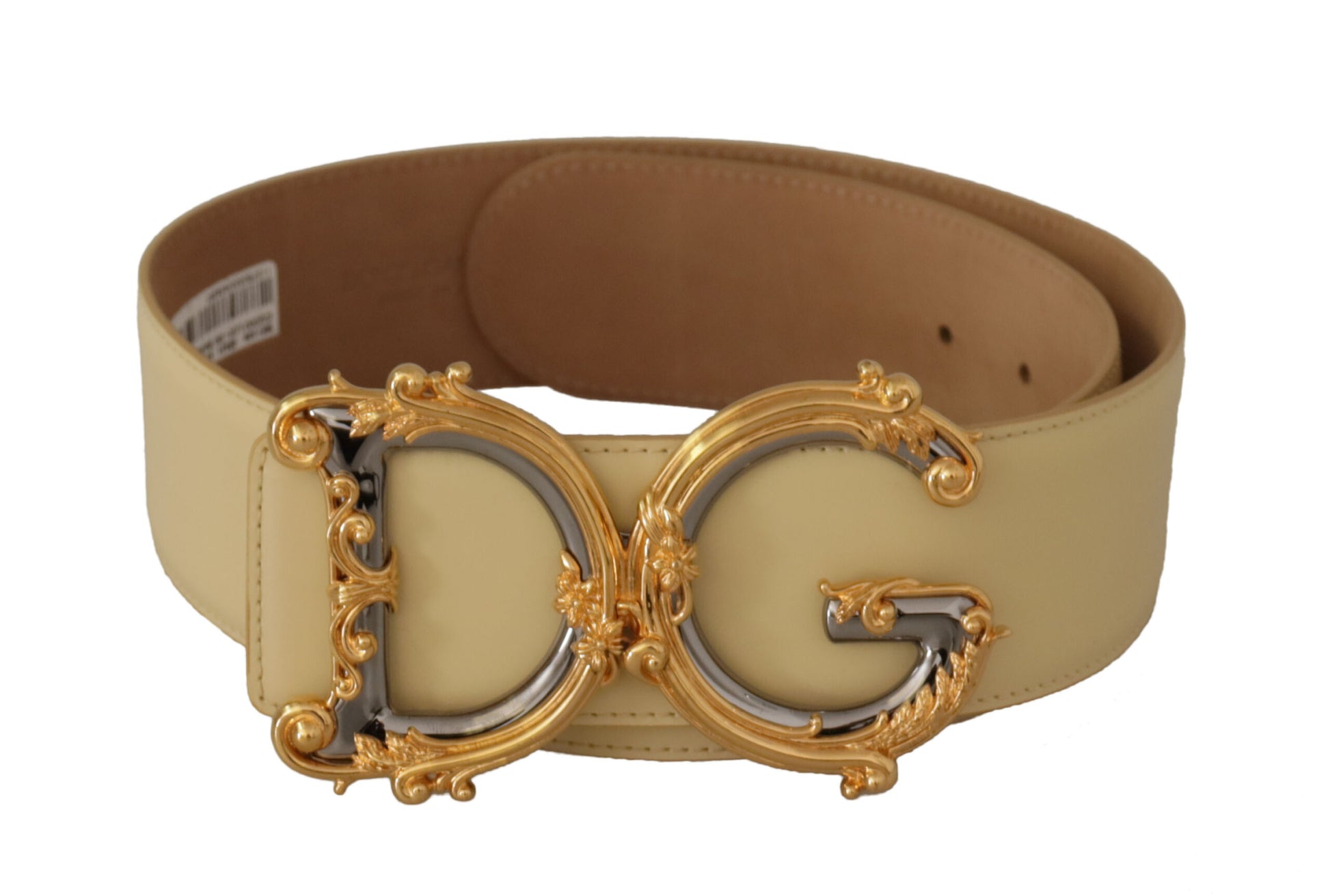 Beige Leather Engraved Buckle Belt