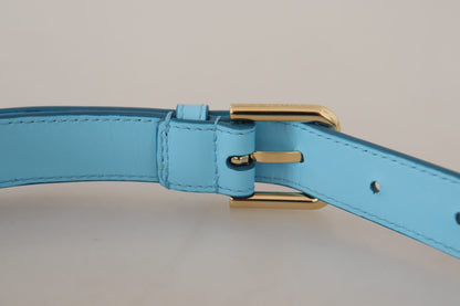 Elegant Sky Blue Leather Belt with Logo Buckle