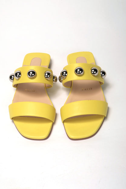 Bright Yellow Silver Wide Strap Studded Flat