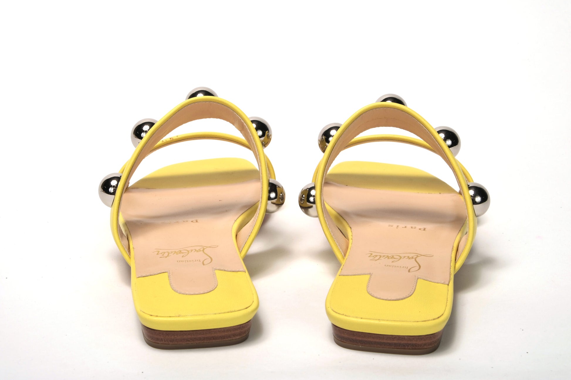 Bright Yellow Silver Wide Strap Studded Flat