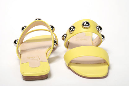 Bright Yellow Silver Wide Strap Studded Flat