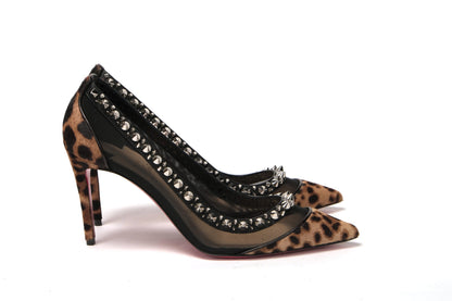 Brown Silver Leopard  Nappa And Mesh Studded High Heels Pumps