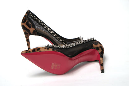 Brown Silver Leopard  Nappa And Mesh Studded High Heels Pumps