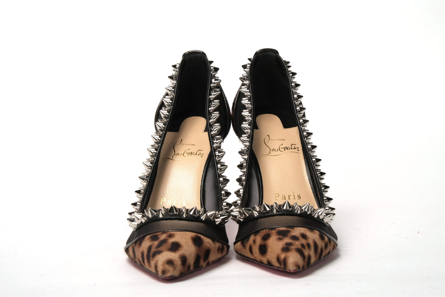 Brown Silver Leopard  Nappa And Mesh Studded High Heels Pumps