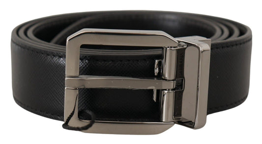 Elegant Black Leather Belt with Metal Buckle