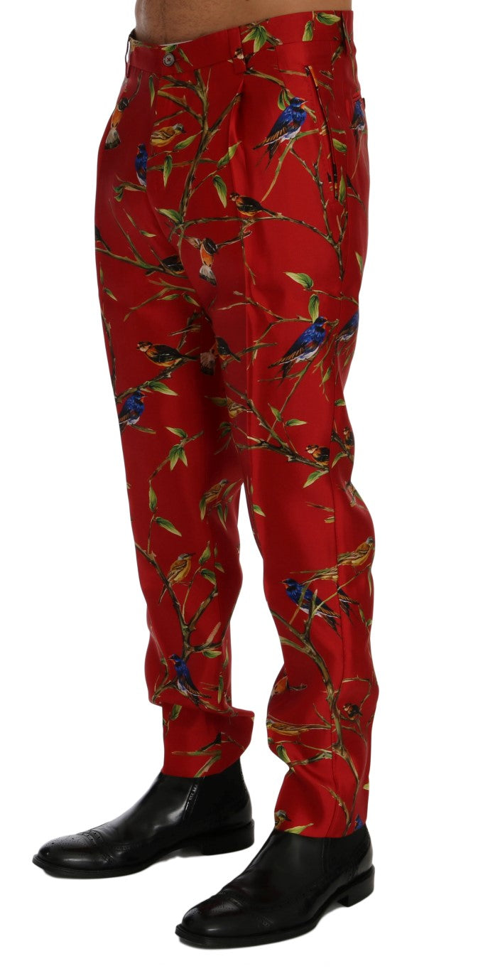 Elegant Silk Dress Trousers in Red Bird Print