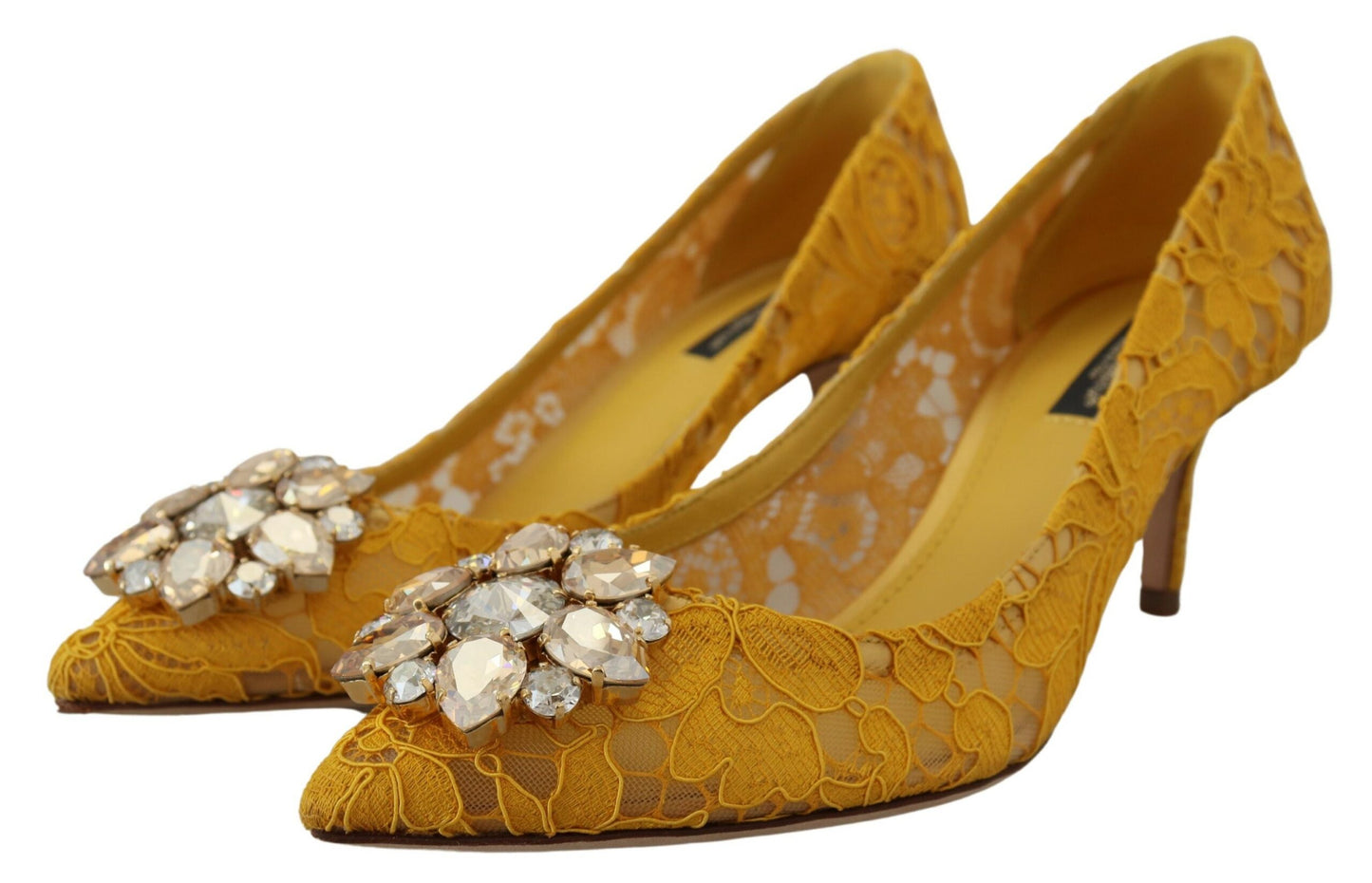 Yellow Lace Heels with Crystal Embellishment