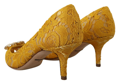 Yellow Lace Heels with Crystal Embellishment