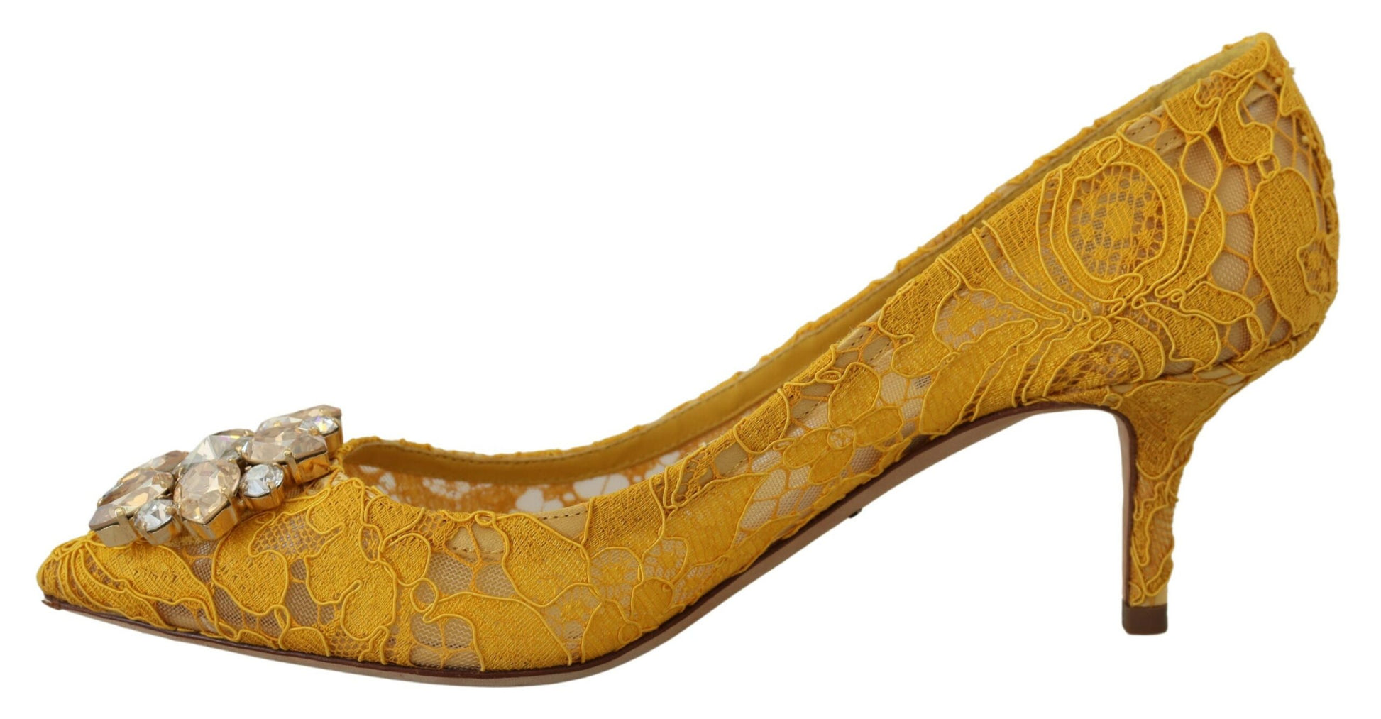 Yellow Lace Heels with Crystal Embellishment