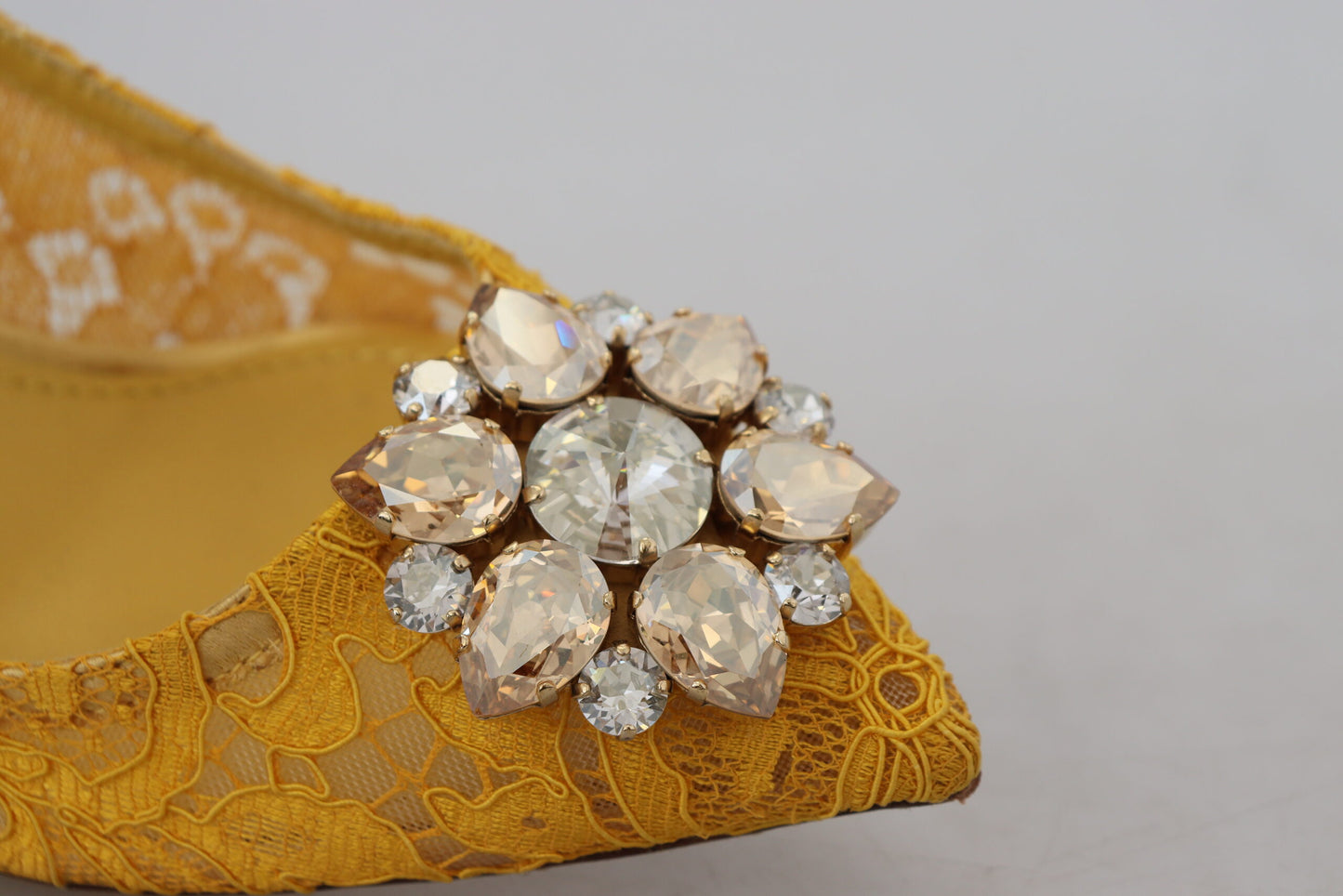 Yellow Lace Heels with Crystal Embellishment