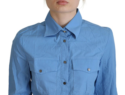 Elegant Blue Cotton Long Sleeve Polo Top