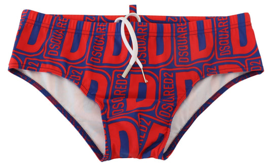 Chic Red Swim Briefs with Blue Logo Accent