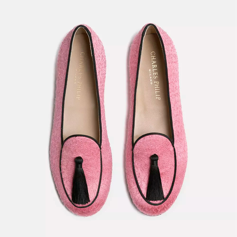 Elegant Pink Velvet Moccasins with Tassel Detail