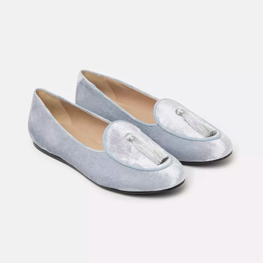 Elegant Silver Velvet Flats with Tassel Detail