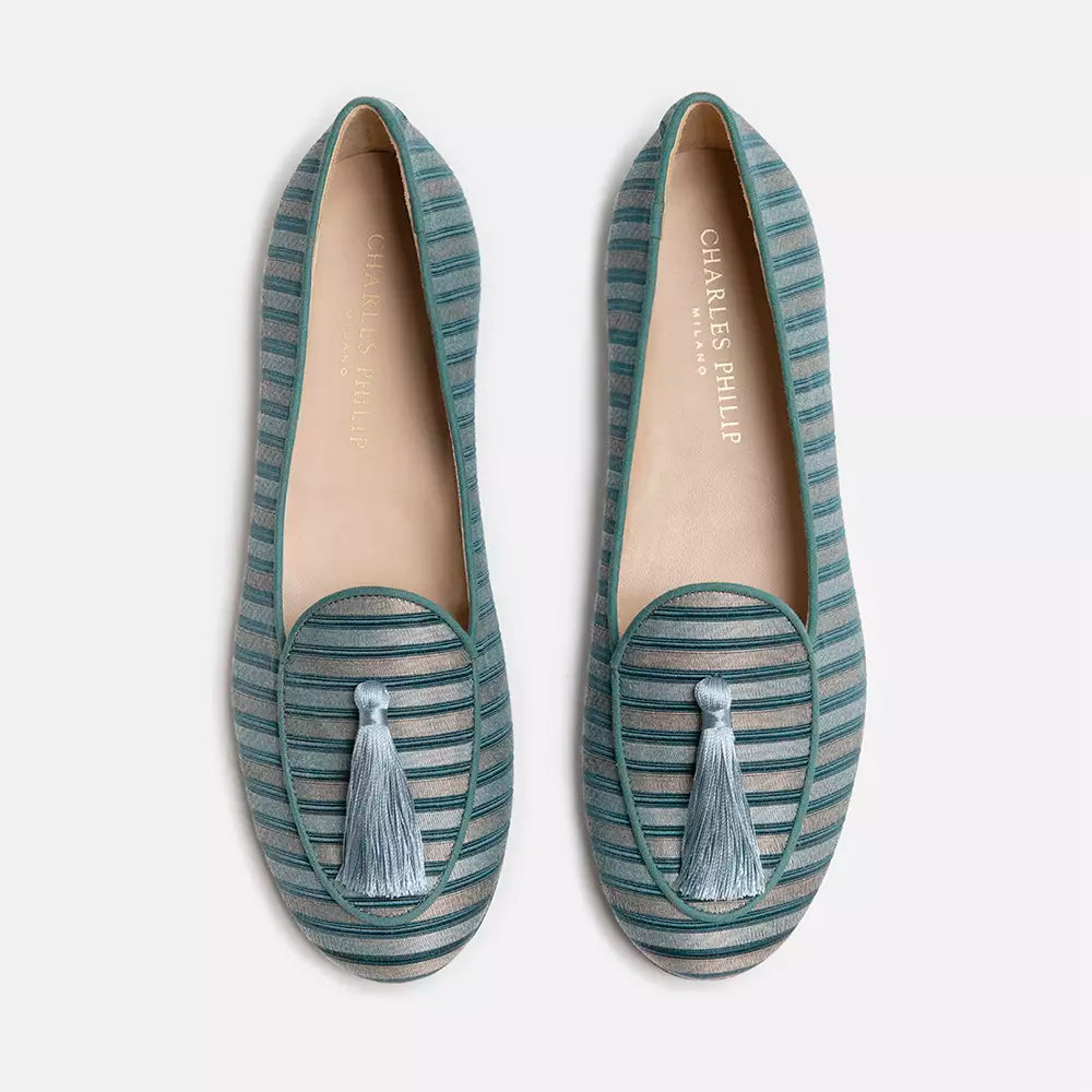 Chic Light Blue Silk Moccasins with Tassel Detail