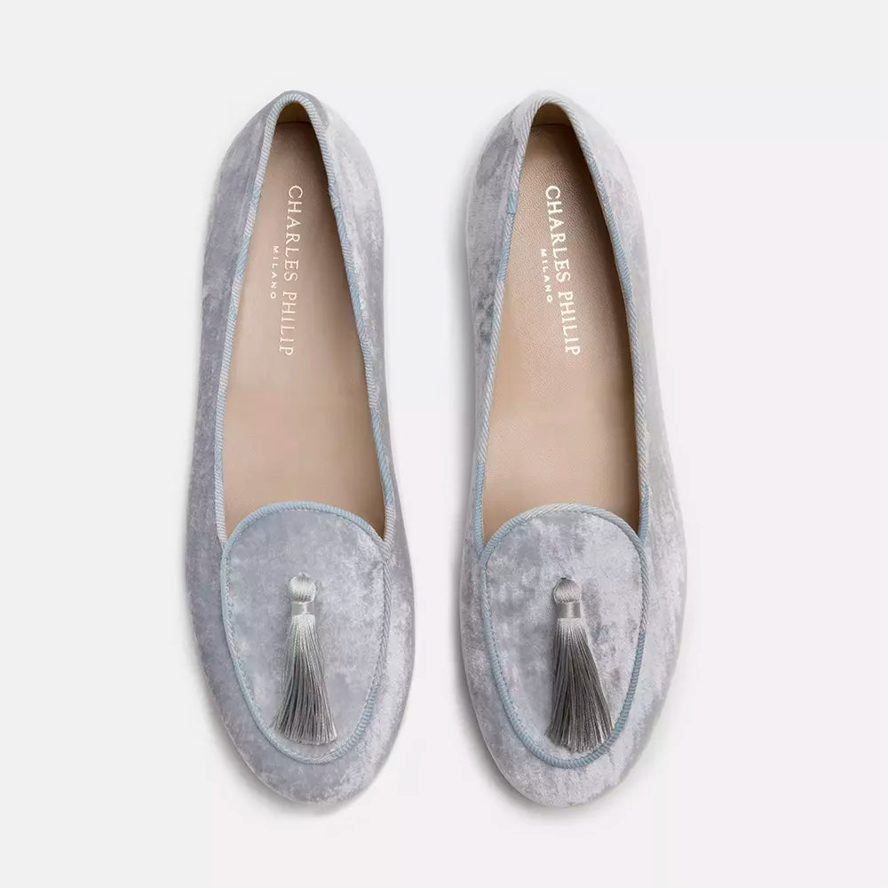 Elegant Silver Velvet Flats with Tassel Detail