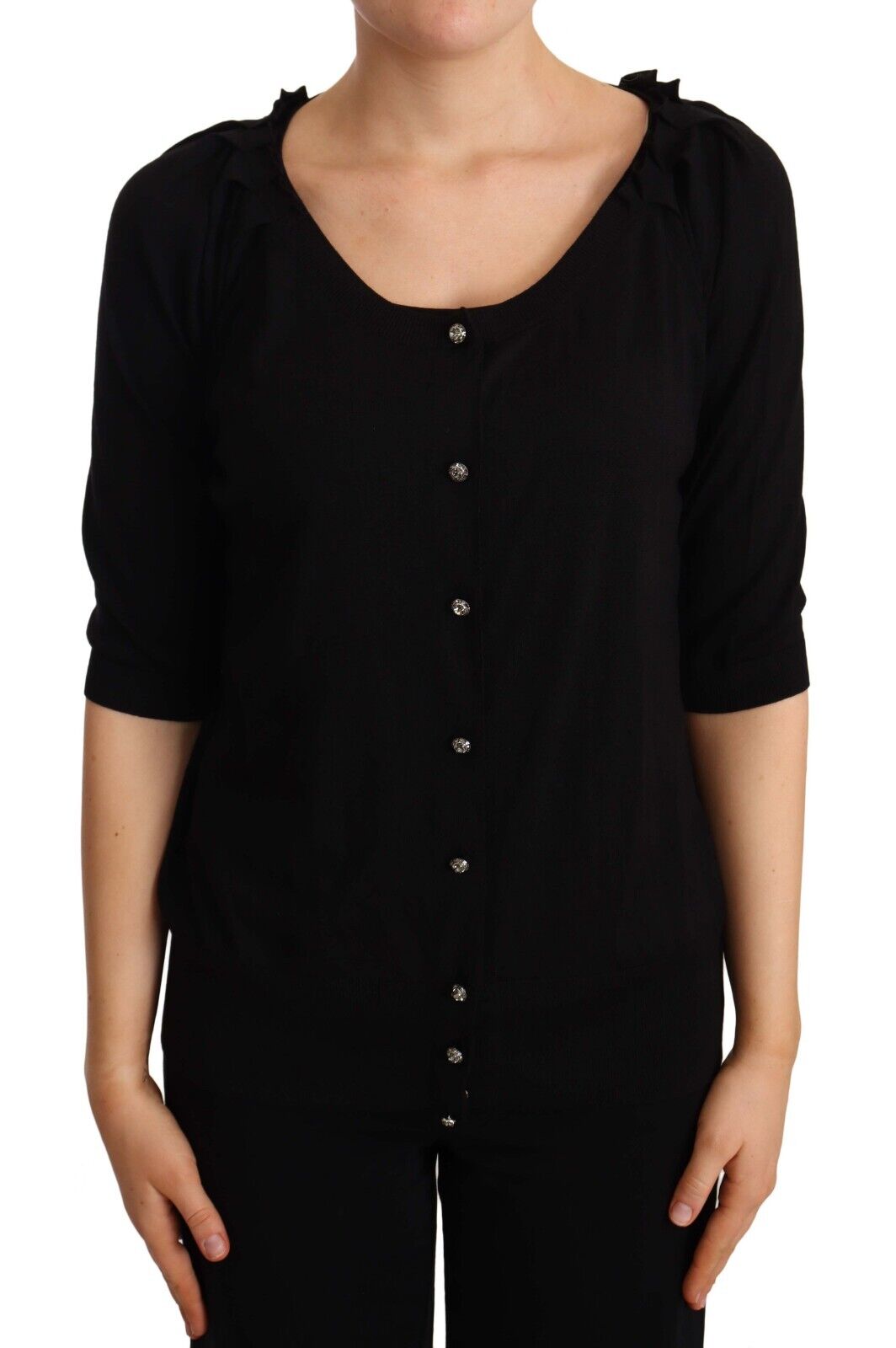 Elegant Black Crystal-Button Cardigan