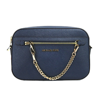 Jet Set Large East West Navy Leather Zip Chain Crossbody Bag Purse