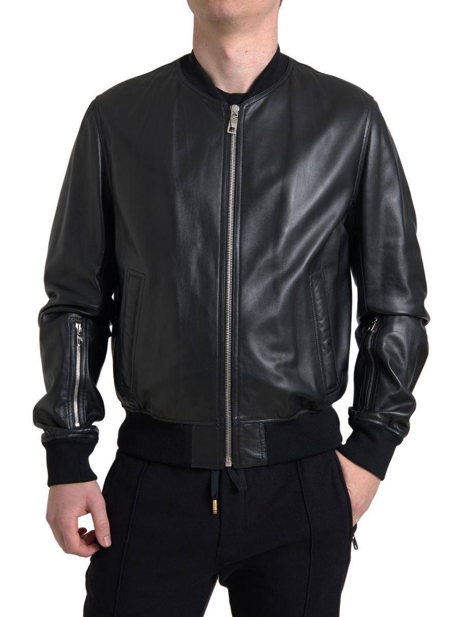 Elegant Black Leather Bomber Jacket