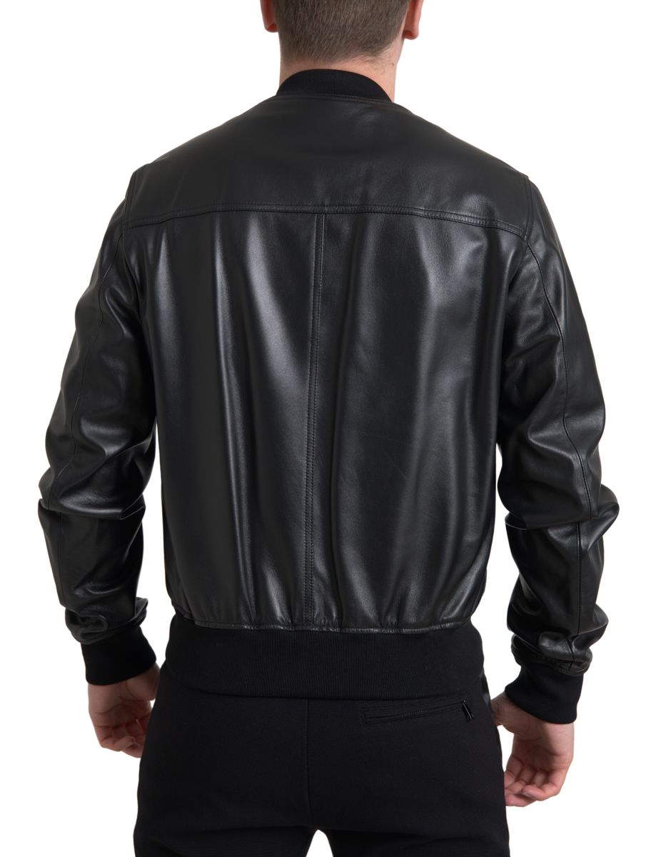 Elegant Black Leather Bomber Jacket