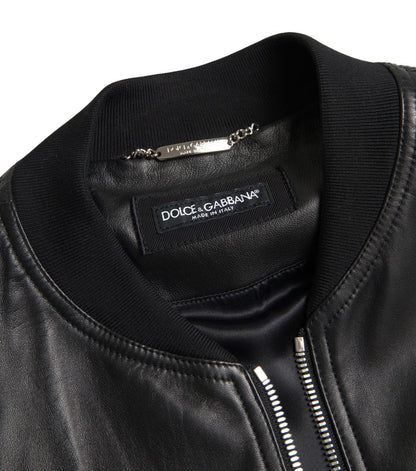 Elegant Black Leather Bomber Jacket