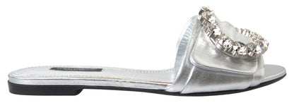 Crystal-Embellished Silver Leather Slides