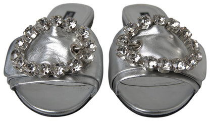 Crystal-Embellished Silver Leather Slides