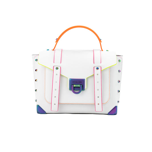 Manhattan Optic White Contrast Trim Leather Top Handle Satchel Bag