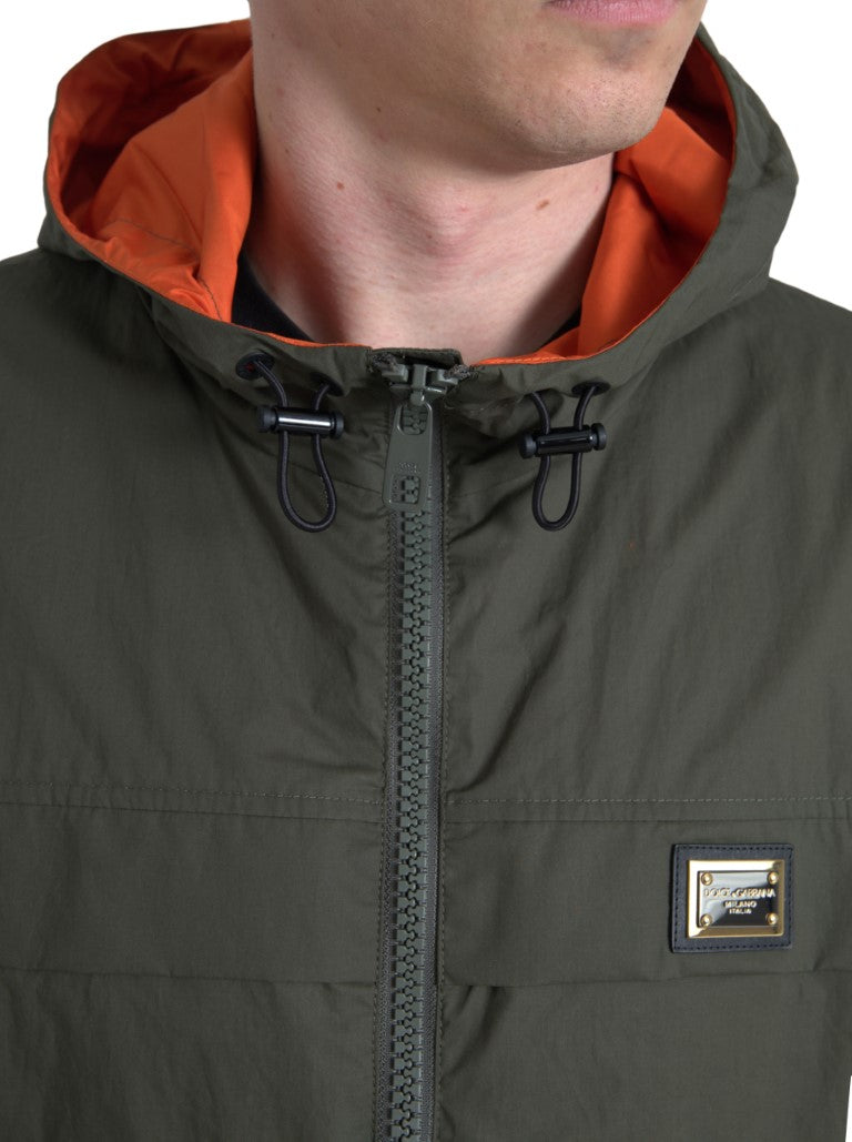 Elegant Hooded Full Zip Jacket in Green and Orange