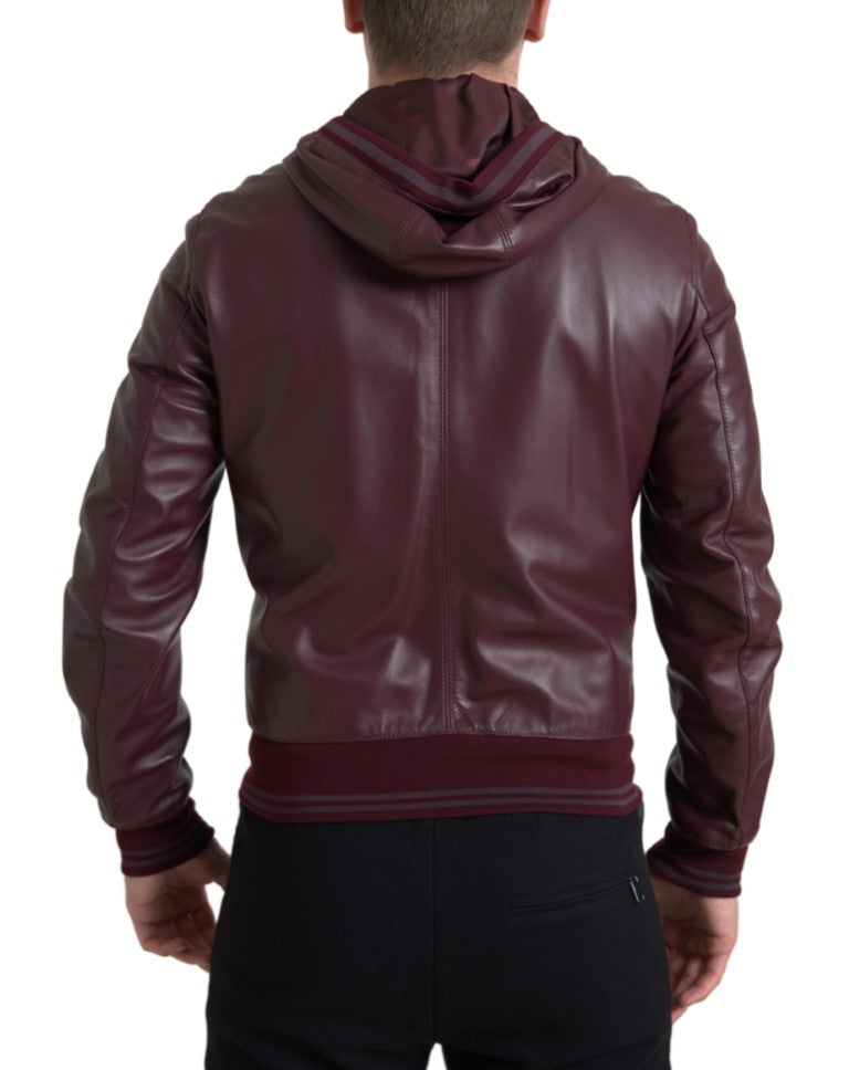 Elegant Bordeaux Leather Hooded Jacket