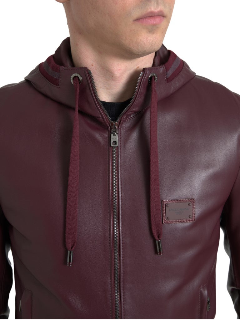 Elegant Bordeaux Leather Hooded Jacket