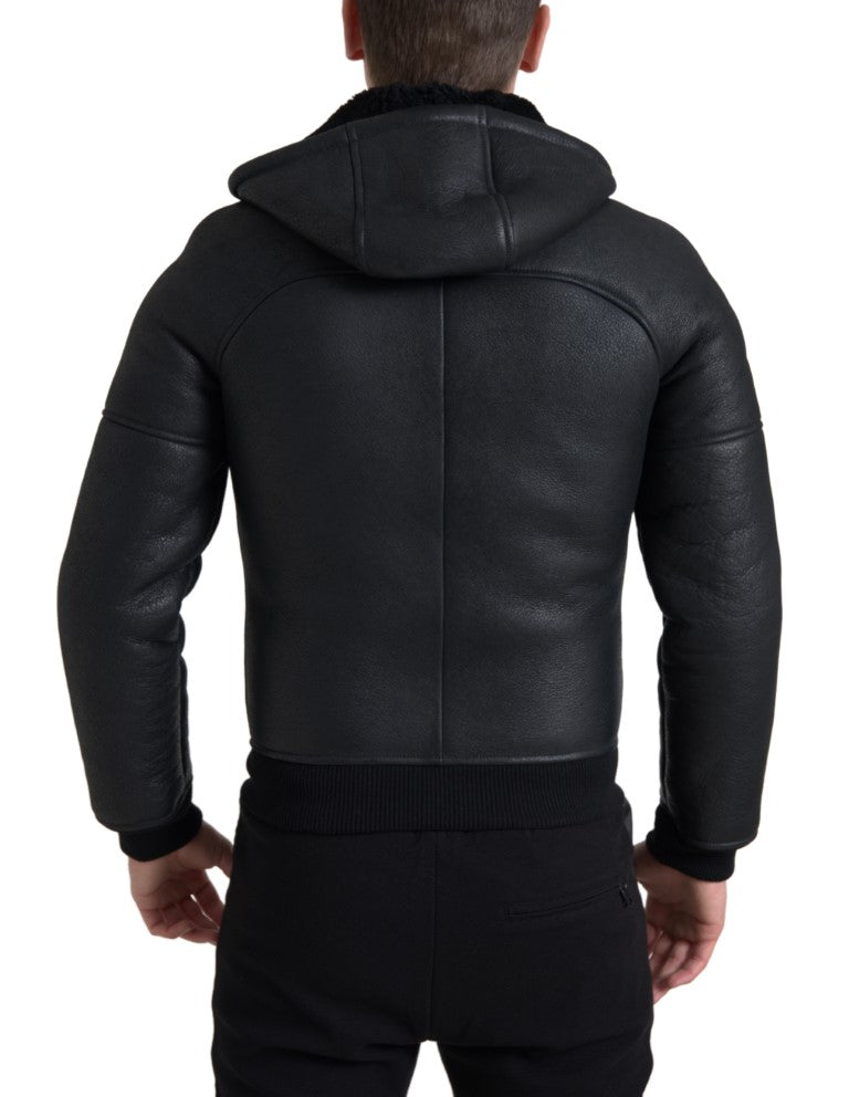 Elegant Black Leather Full Zip Hoodie