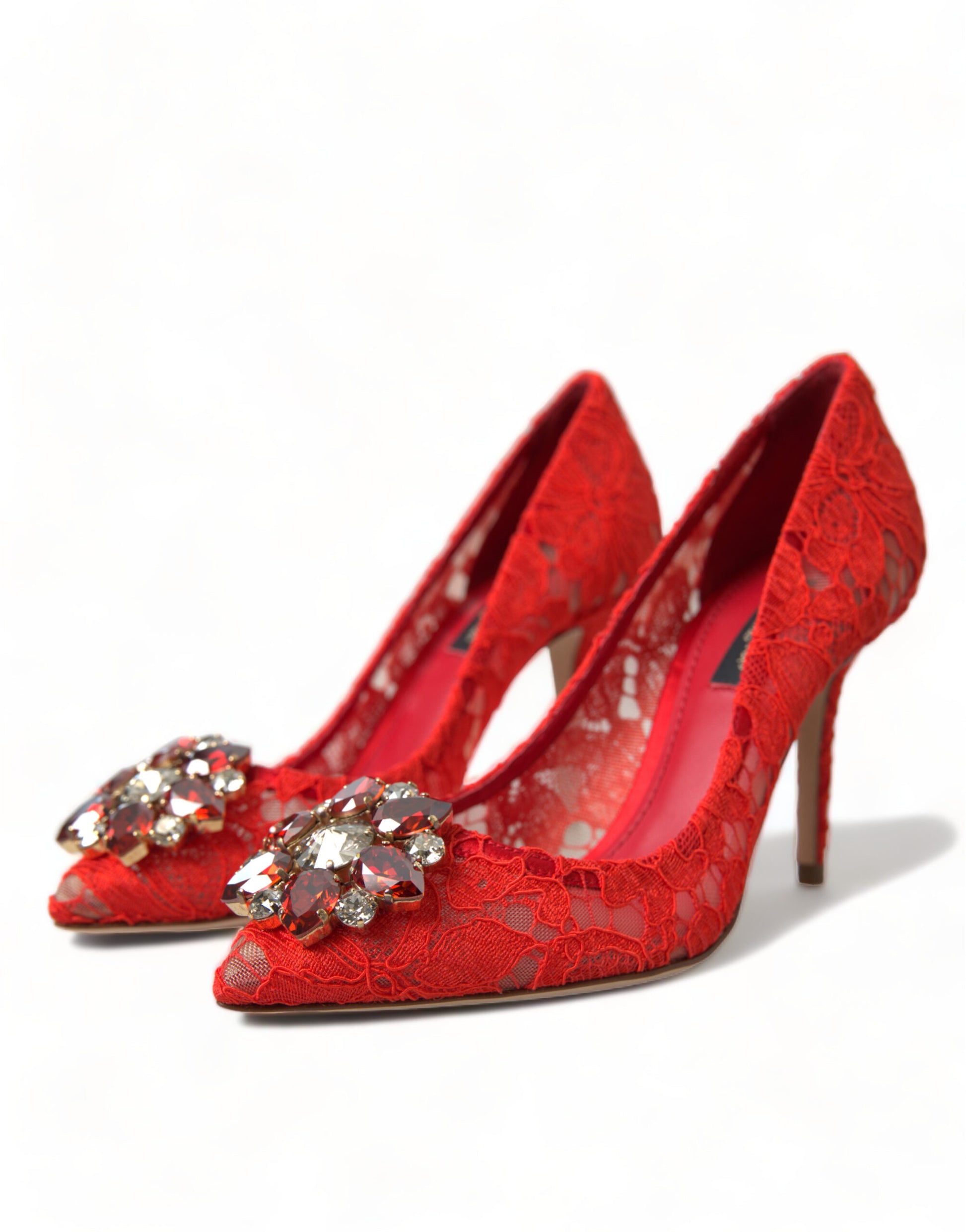 Exquisite Crystal-Embellished Red Lace Heels