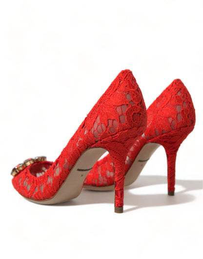 Exquisite Crystal-Embellished Red Lace Heels