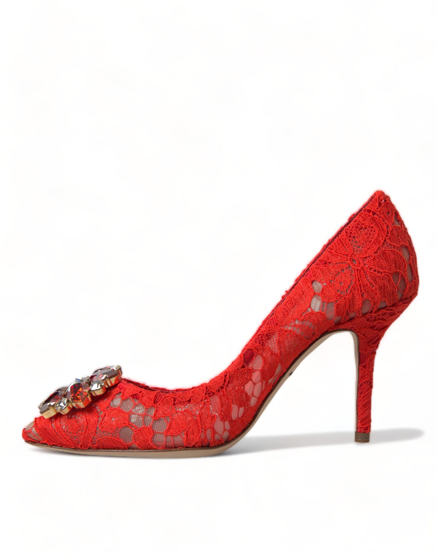 Exquisite Crystal-Embellished Red Lace Heels