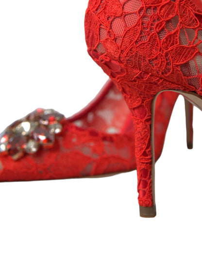 Exquisite Crystal-Embellished Red Lace Heels