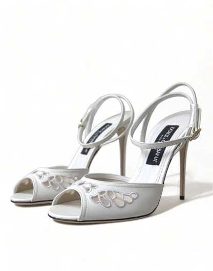 White Embroidered Ankle Strap Heels