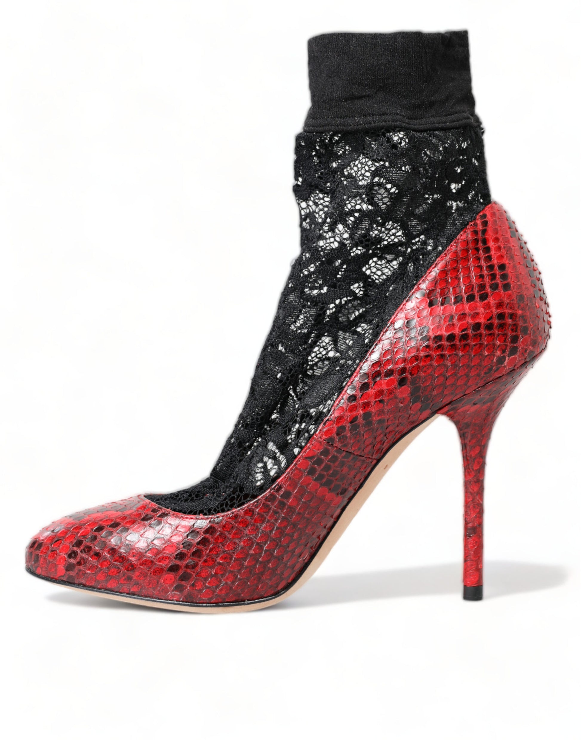 Red Almond Toe Snakeskin Pumps with Lace Socks