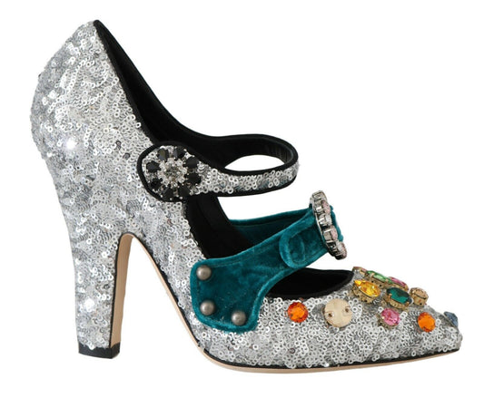 Elegant Silver-Black Crystal Mary Janes Pumps