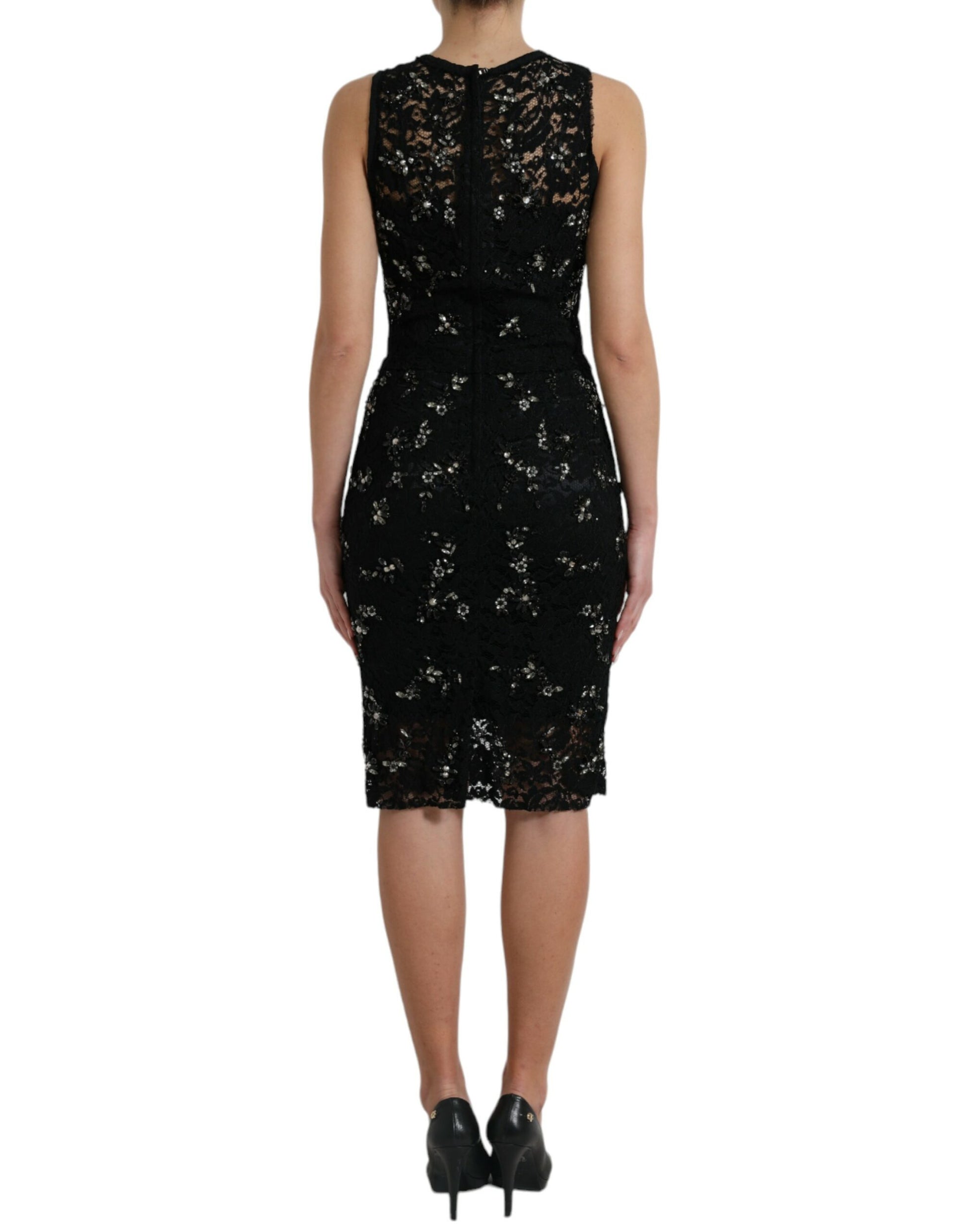 Exquisite Black Floral Lace Crystal Sheath Dress