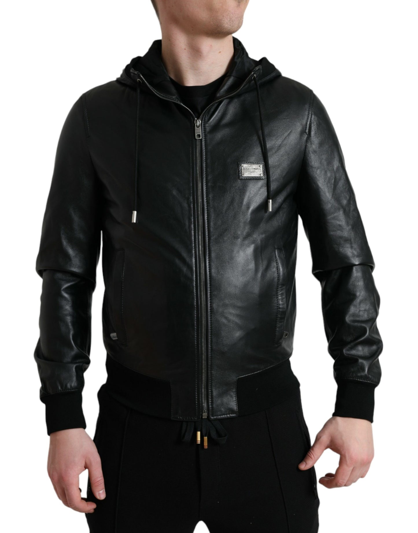 Elegant Black Leather Hooded Zip Jacket