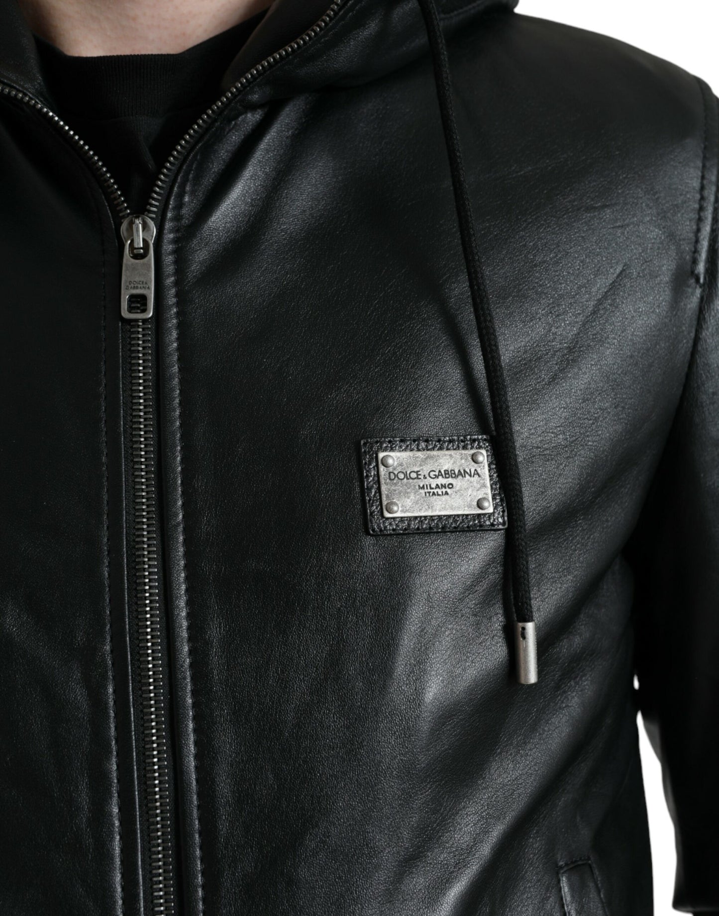 Elegant Black Leather Hooded Zip Jacket