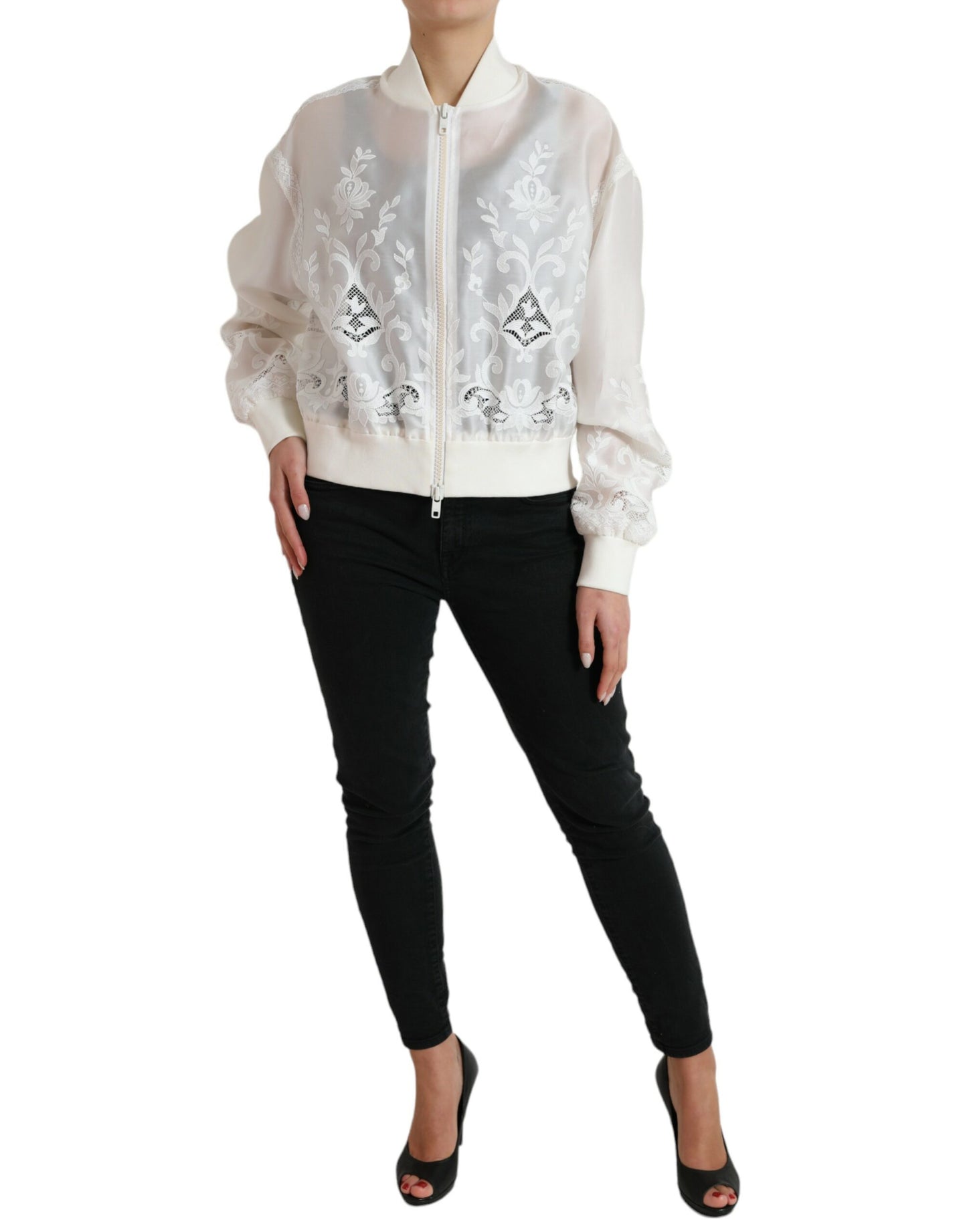 Elegant White Silk Bomber Jacket