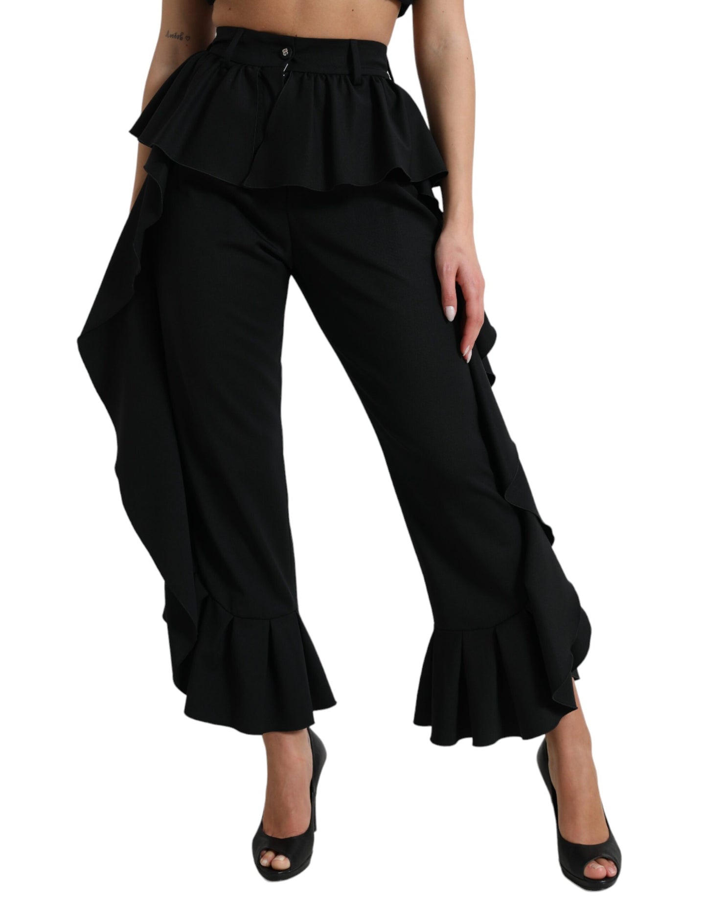 Elegant High Waist Ruffled Black Pants